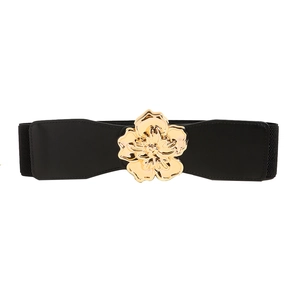 Women wide elastic waist belt with large 3D golden metal flower buckle on black fabric