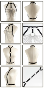 Harnais de corps punk gothique en cuir PU noir avec anneaux en métal argenté et pampilles chic