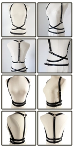 Detail view of black faux leather body harness with silver metal rings and buckles