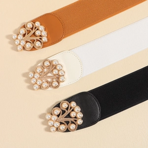 Fashion elastic waist belts with elegant pearl buckles in black, white, and brown colors