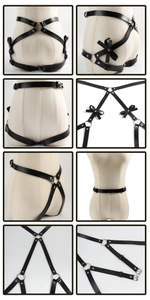 Detail view of black PU leather body harness belt with metal rings and thigh garters