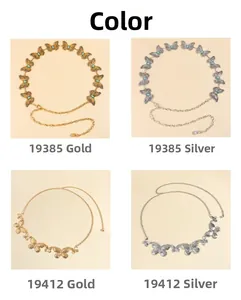 Multi-grid display of metal butterfly waist chains in gold and silver finishes with adjustable links
