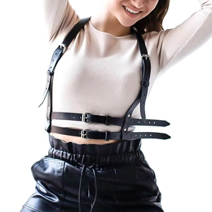 Fashionable black faux leather harness belt with multi-buckle adjustable straps for women