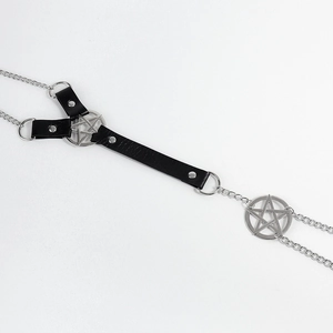Gothic punk body harness with black leather straps and silver pentagram metal rings