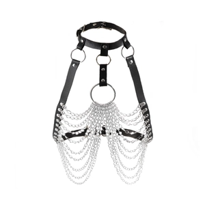 Chaîne de corps punk avec collier en cuir noir et glands en alliage d'argent multicouches