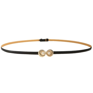 Elegant thin black leather belt with golden shell buckle and pearl inlay for women