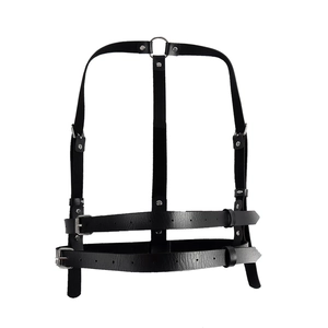 Black leather body harness belt with double row waist cincher and metal O-ring detail