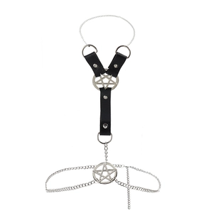 Punk gothic leather body chain harness with silver pentagram stars and metal rings