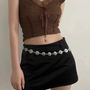 Vintage Ethnic Women Metal Waist Chain Bohemian Alloy Sunflower Waist Belt With Artificial Turquoise For Dress Decoration Jewelry