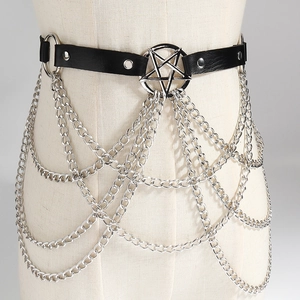Women Punk PU Leather Waist Belt With Multi Layer Metal Body Chains Pentagram Star Buckle Fringe Tassel Gothic Sexy Waistband