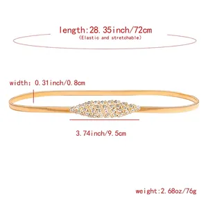 Women's slim gold metal elastic waist belt with sparkling rhinestones 72cm long