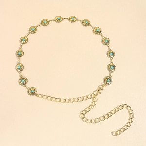 Bohemian gold metal waist chain featuring sunflower charms and turquoise beads