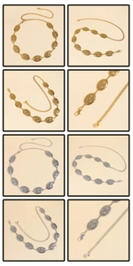Macro detail of vintage metal waist chain with sunburst engravings and lobster clasp