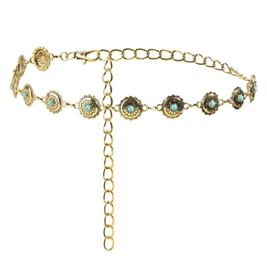 Bohemian gold waist chain with sunflower discs and turquoise beads for dress styling