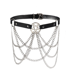 Gothic punk black PU leather belt with silver star charm and multilayered metal body chains