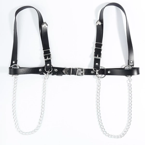 Punk style black PU leather body harness with heart metal plate and silver chains