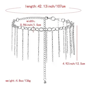 Elegant silver metal waist chain belt with tassel fringes for dresses and evening gowns