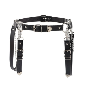 Black PU leather body harness with silver chains and metal heart details for women
