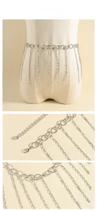 Detailed views of silver metal waist chain showing fringe tassels and adjustable buckle