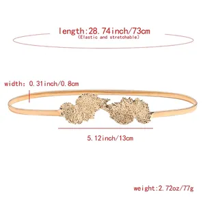 Elegant gold metal spring waist belt with twin leaf buckle for dresses, 73cm length