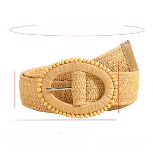 Detailed size guide of light brown woven straw elastic waist belt with oval buckle