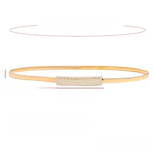 Macro detail of golden elastic spring belt featuring sparkling white rhinestone panel