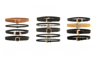 Collection of women's PU leather belts with decorative metal buckles in various styles