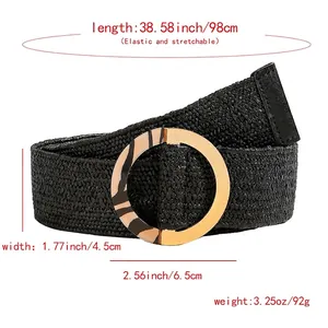Elastic woven straw waist belt for dresses with a large round tortoiseshell buckle