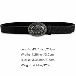 Vintage black leather belt for women with oval silver buckle and sunray texture