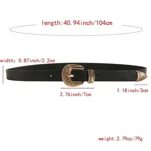 Women's black faux leather belt featuring vintage gold floral buckle and western metal tips