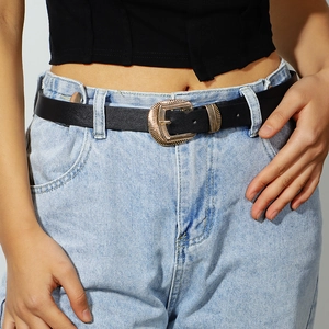 Women Vintage PU Leather Waist Belt With Engraved Alloy Pin Buckle Retro Western Style Belt For Jeans Casual Black Belt