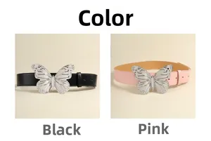 Detailansicht breiter PU-Ledergürtel in Schwarz und Rosa mit silbernen Schmetterlingsschnallen