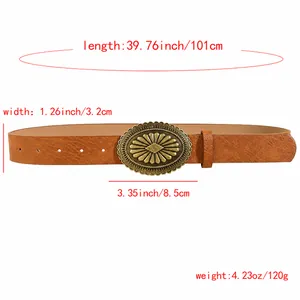 Detail view of brown vintage belt with dimensions 101cm length and 3.2cm width specifications