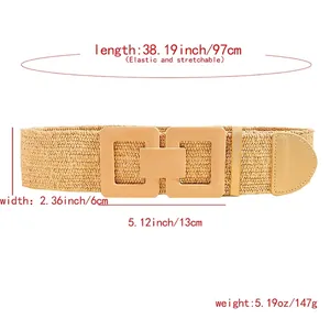 Elastic woven straw belt in khaki with a modern square plastic buckle for dresses