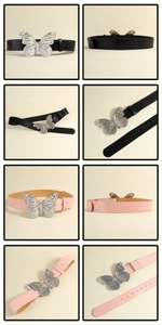 Detailaufnahmen von schwarzen und rosa Ledergürteln mit verzierten silbernen Schmetterlingsschnallen