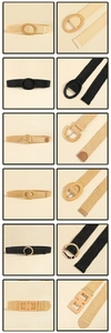 Detail view of woven stretch belts with diverse buckles including wood and resin patterns