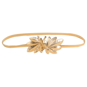 Elegant gold metal elastic waist belt featuring a decorative double maple leaf buckle design