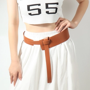 Brown wide leather belt for women featuring unique wrap tie knot design for dresses