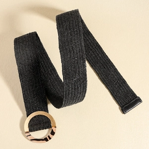 Elastic woven straw belt with black texture and round gold zebra-patterned buckle