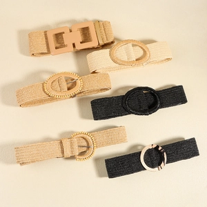 Women Wide Woven Elastic Belt Straw Braided Stretch Waistband With Geometric Alloy Buckle For Dresses Vintage Pastoral Style