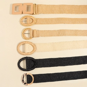 Bohemian wide elastic straw belts set in beige and black with diverse stylish buckles