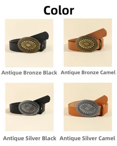Detail view of four vintage belts with large oval sunflower buckles in various colors