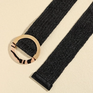 Elastic woven wide belt with golden tiger-stripe round buckle for elegant dresses
