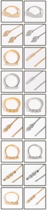 Detail view of various elegant metal stretch belts in gold and silver leaf and rose designs