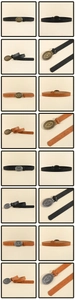 Close-up of vintage American style wide belts with engraved oval buckles in black and brown