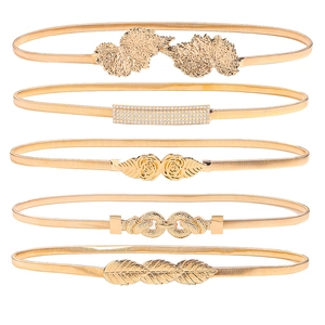 Women Elastic Metal Spring Waist Chain Belt Elegant Leaf Rose Buckle Rhinestone Decor Gold Silver Jewelry Dress Accessories