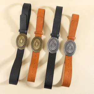 Women's Retro PU Leather Belt With Large Oval Sunflower Metal Buckle Bohemian Western Style Decorative Waist Belt For Jeans Casual Accessory