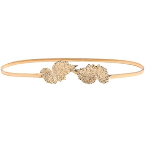 Elegant gold metal spring waist belt featuring polished leaf-shaped clasp for dresses