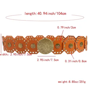 Vintage bohemian wide leather belt with orange octagonal plates and bronze metal badges