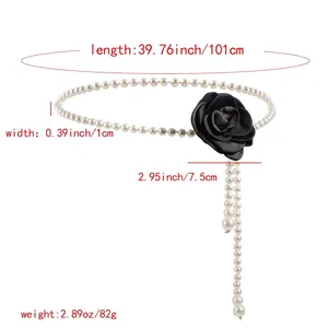 Elegant pearl waist chain for women with black camellia flower and pearl tassel decoration